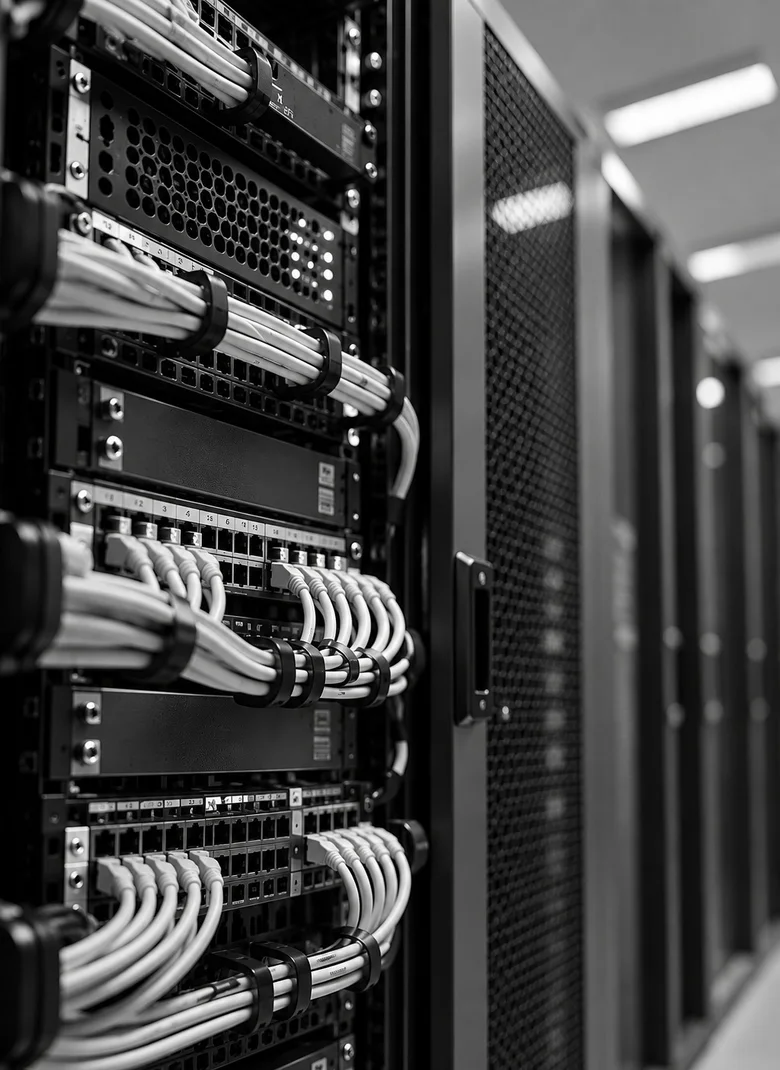 Rack de servidores con cableado de red, instalado por ERTEC